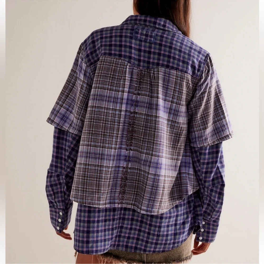 Free People We the Free Layer it Up Plaid Flannel Snap Down Top in Blue Combo